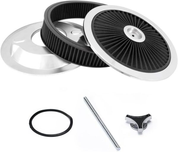 14" X 3" Black Round High Flow Washable Air Cleaner Filter Assembly w/Chrome Flow-Thru Lid for Caburetor Lid Compatible with Ford/GMC/Chevy SBC BBC