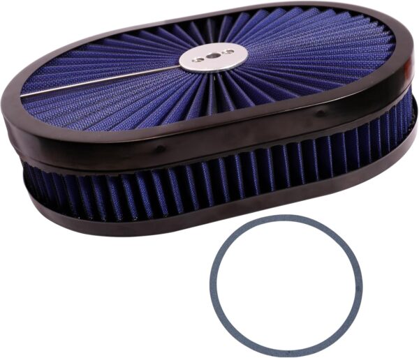 12"x2" Oval High Flow Air Cleaner Filter Assembly 5-1/8" Carb Neck w/Flow-Thru Lid High Flow Compatible With GMC Chevy Ford Chryler Dodge Fit For 5-1/8" carburetor neck (Blue) - Image 2