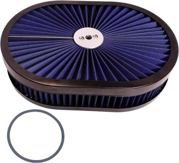 12"x2" Oval High Flow Air Cleaner Filter Assembly 5-1/8" Carb Neck w/Flow-Thru Lid High Flow Compatible With GMC Chevy Ford Chryler Dodge Fit For 5-1/8" carburetor neck (Blue)